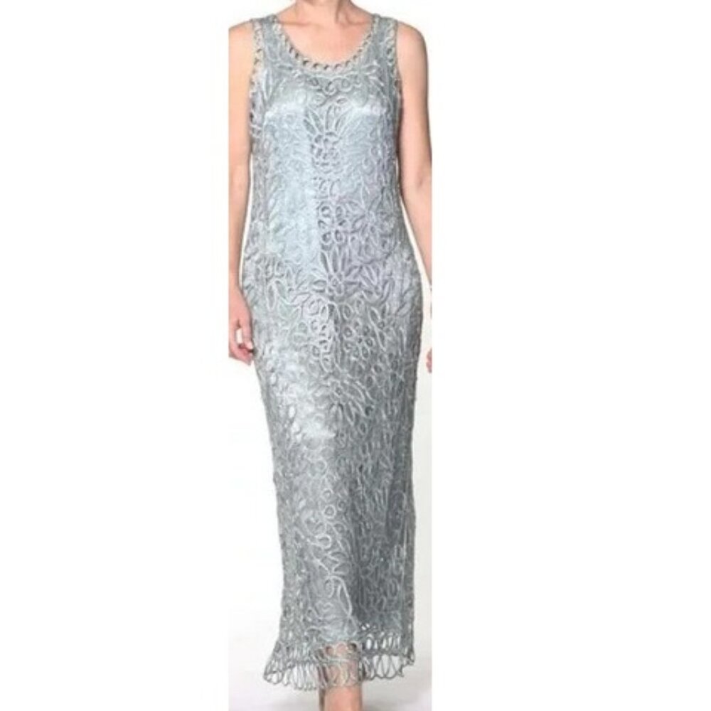Soulmates 100% Silk Women's Hand Crochet silver beaded silver long dress